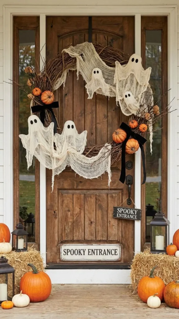 Cheesecloth ghost wreath hanging on a front door for an easy DIY Halloween entrance