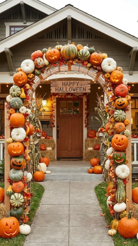 DIY pumpkin door arch creating a festive Halloween entryway with colorful seasonal decorations