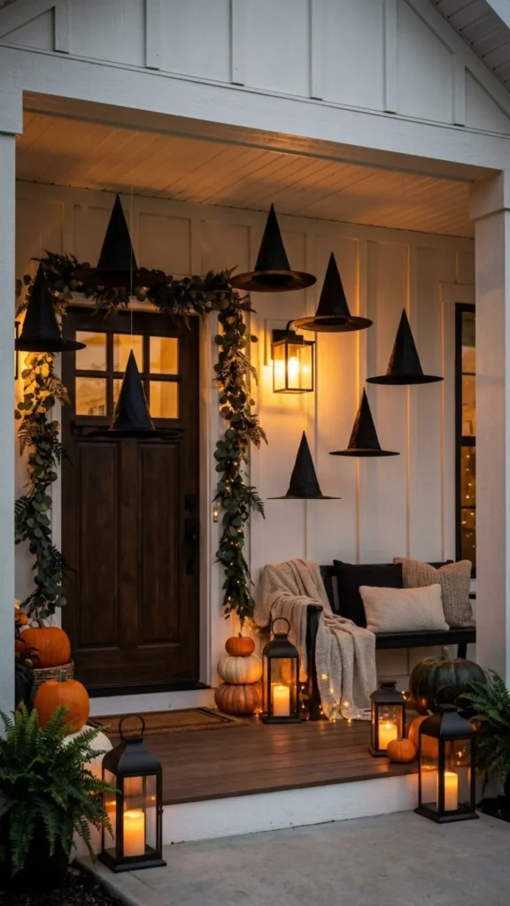 Floating witch hats hanging above a porch to create an enchanting Halloween decoration