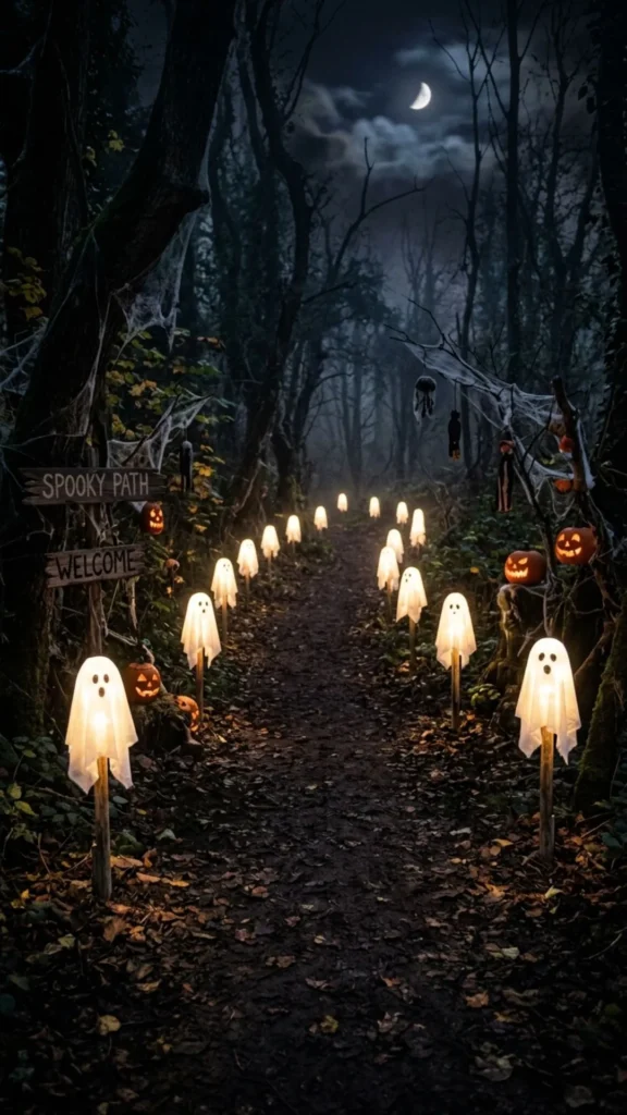 Ghost walkway markers lining a path to create a spooky Halloween outdoor display