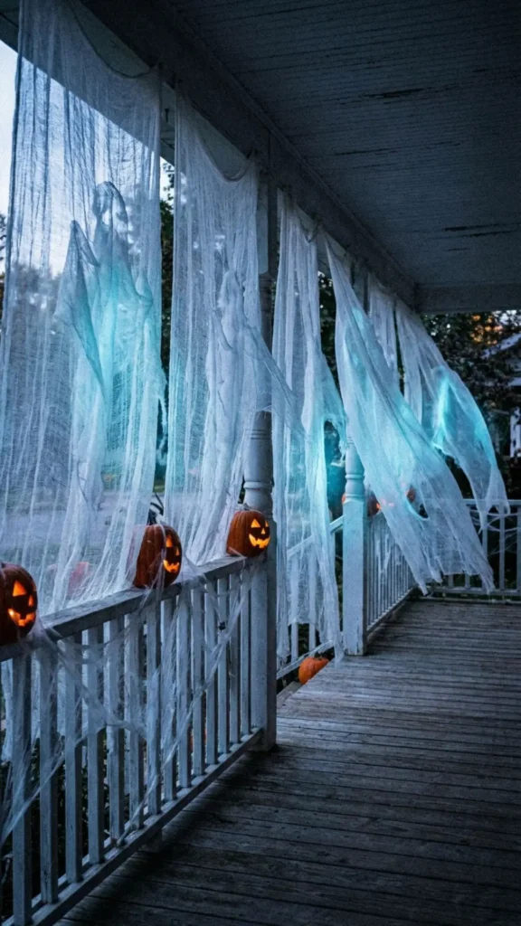 Ghostly white porch curtains creating a chilling Halloween entrance with spooky details