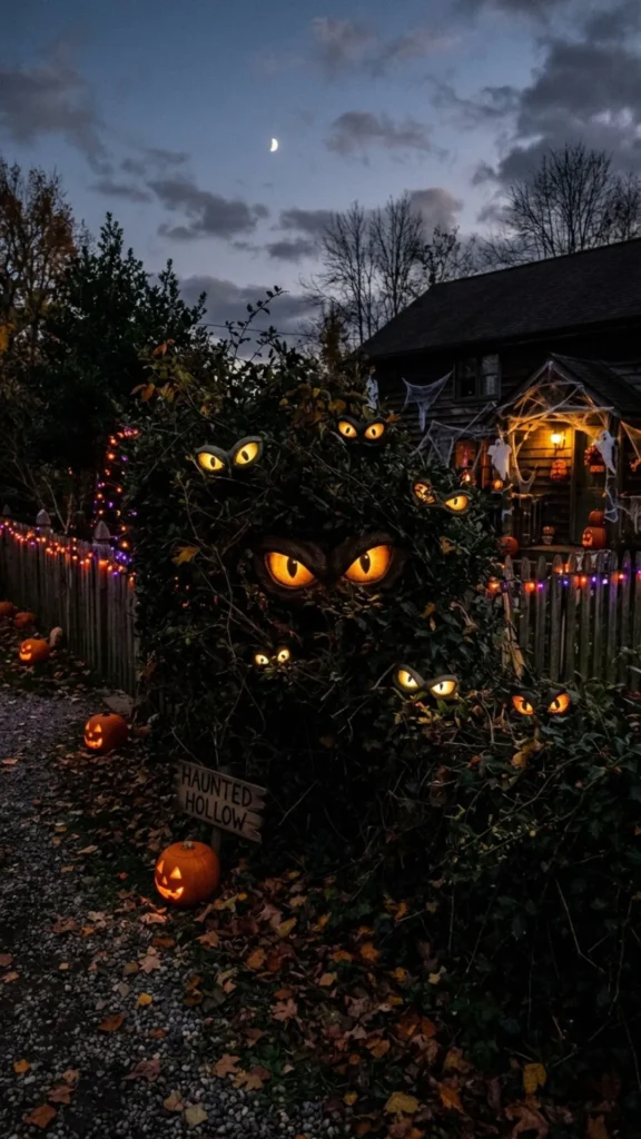 Giant glowing eyes hidden in bushes creating an eerie Halloween yard decoration