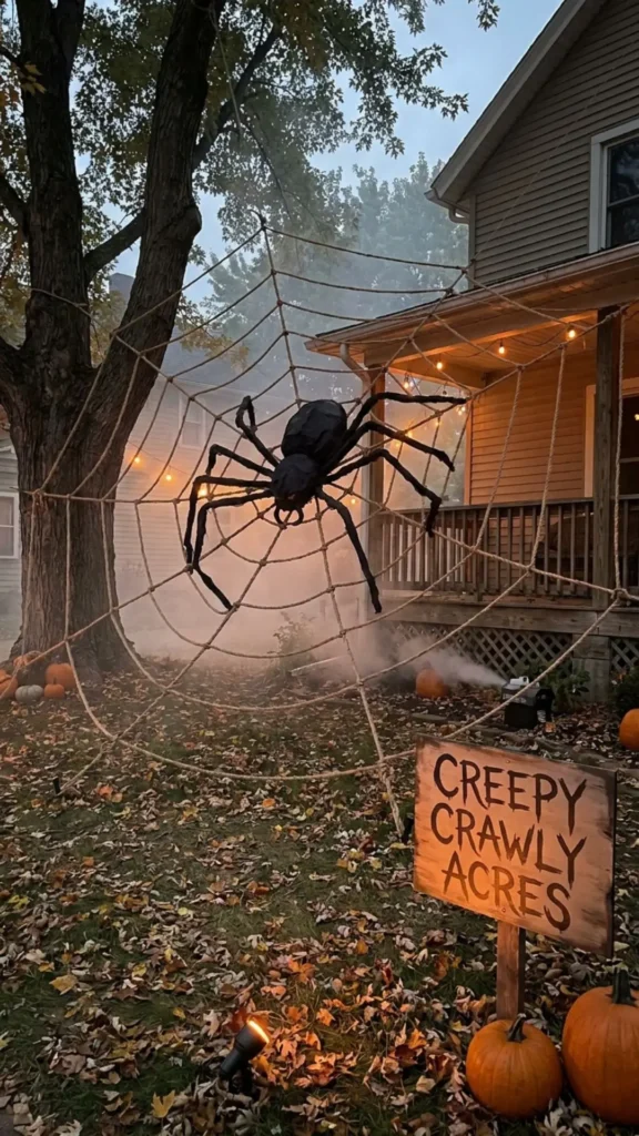 Giant rope spiderweb stretched across a yard as a creepy DIY Halloween decoration