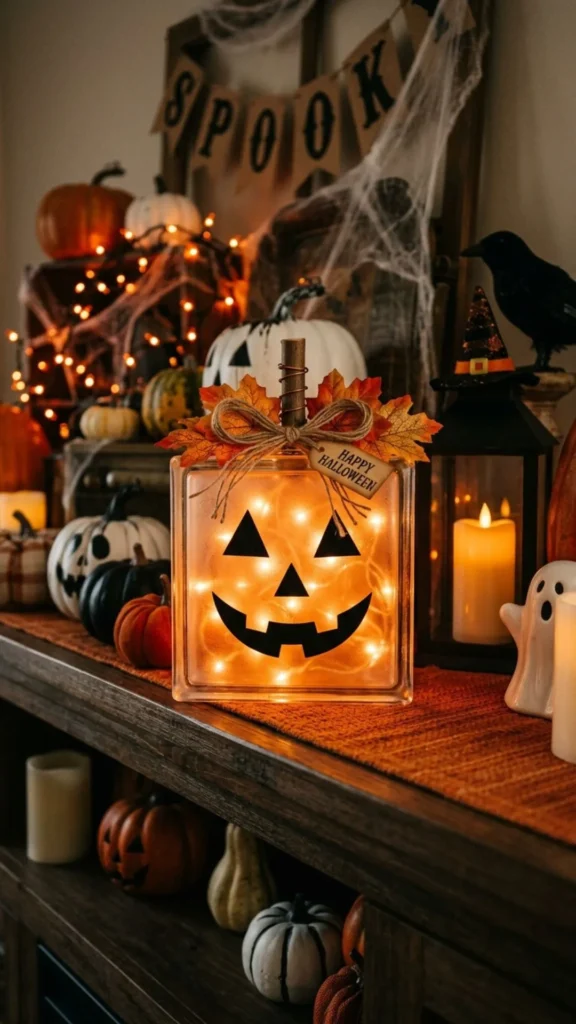 DIY glass block pumpkin Halloween decoration idea