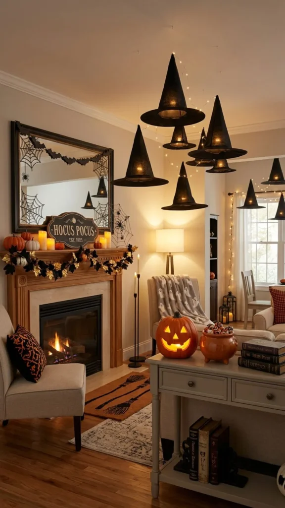 Hanging witch hats for stylish indoor Halloween decor