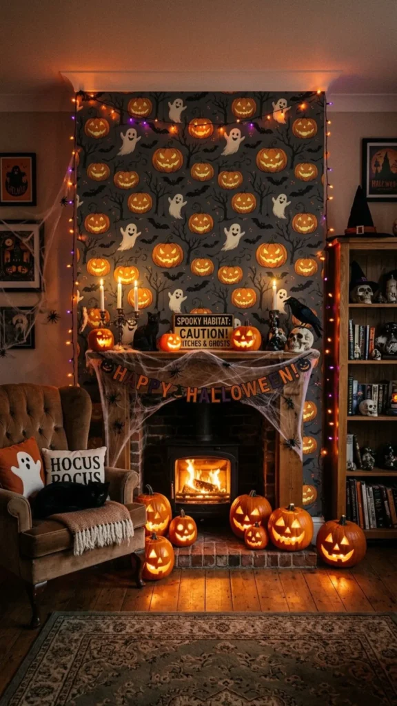 Jack-O-Lantern wallpaper for a spooky Halloween room