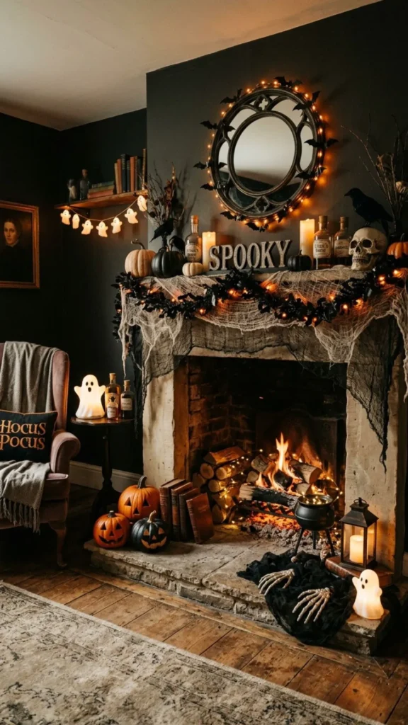 Spooky fireplace Halloween decor with eerie seasonal accents