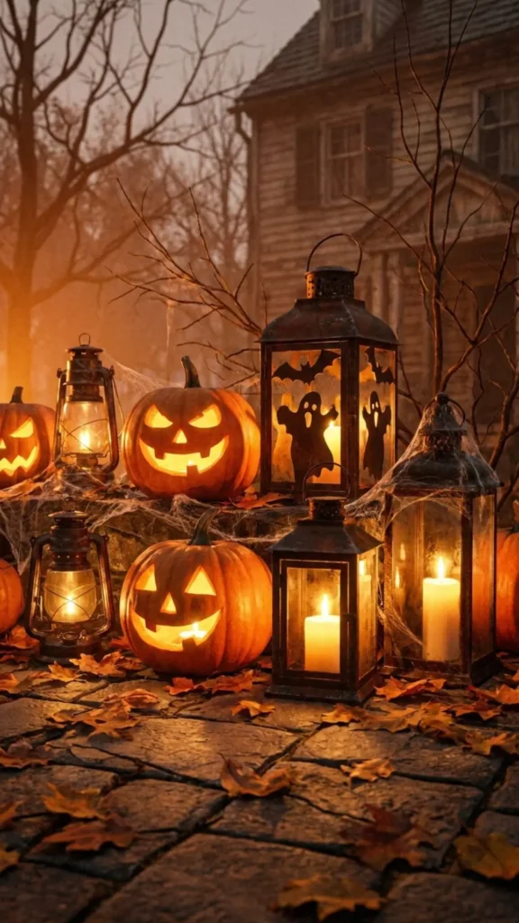 Cluster of Halloween lanterns glowing warmly to create a spooky outdoor atmosphere