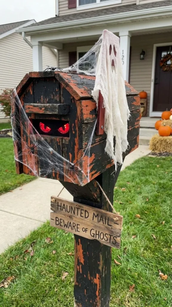 Haunted mailbox decorated with spooky Halloween details for a creative DIY yard display