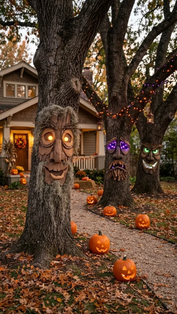 Haunted faces attached to tree trunks for a creative DIY Halloween outdoor display