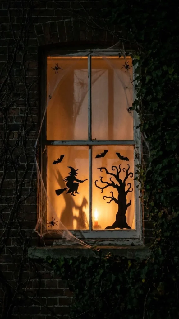 Haunted window silhouettes creating an eerie Halloween scene with spooky DIY decorations