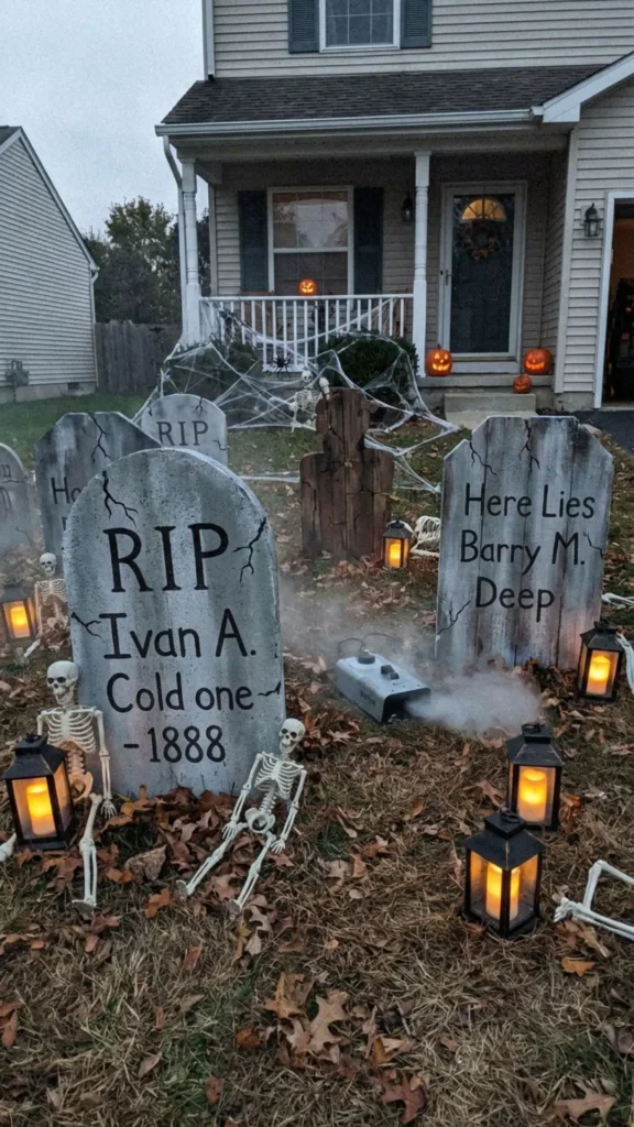 Homemade cemetery tombstones arranged across a spooky Halloween yard display