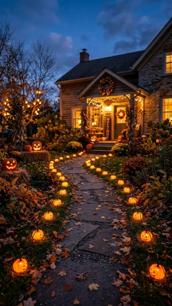 Mini pumpkin walkway lights lining a path for charming DIY Halloween decor
