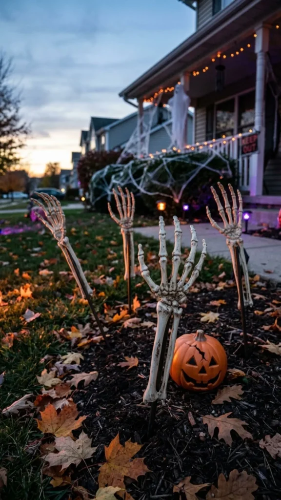 Skeleton hand yard stakes emerging from the ground for creepy Halloween outdoor decor