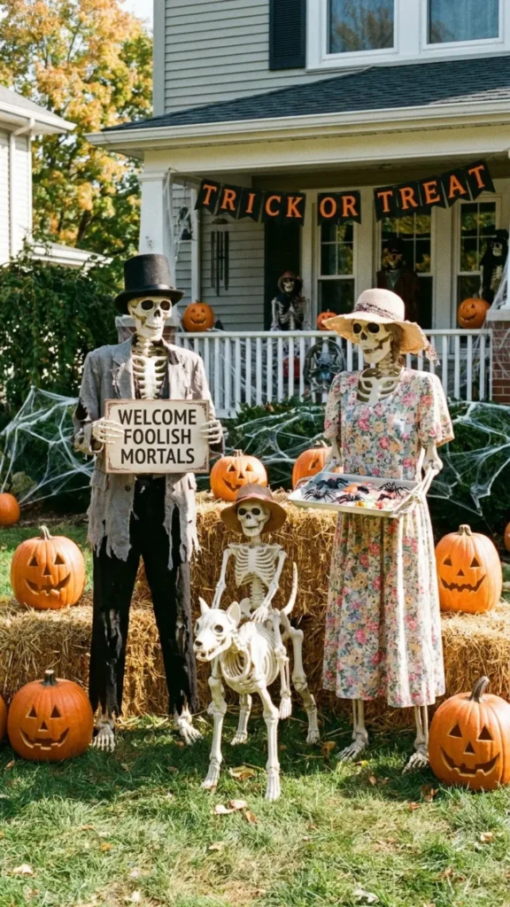 Skeleton figures arranged as a fun Halloween welcome committee in the front yard