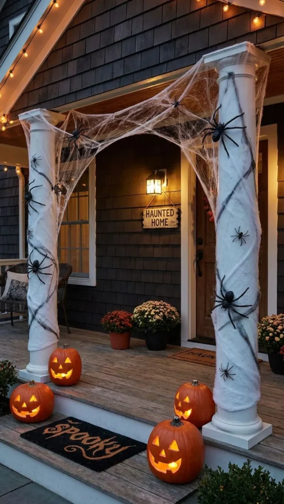 Porch columns wrapped in large spiderwebs for spooky outdoor Halloween decor
