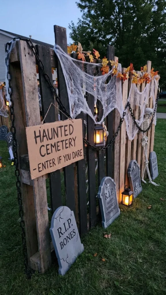 Temporary cemetery fence surrounding an easy DIY haunted Halloween yard display