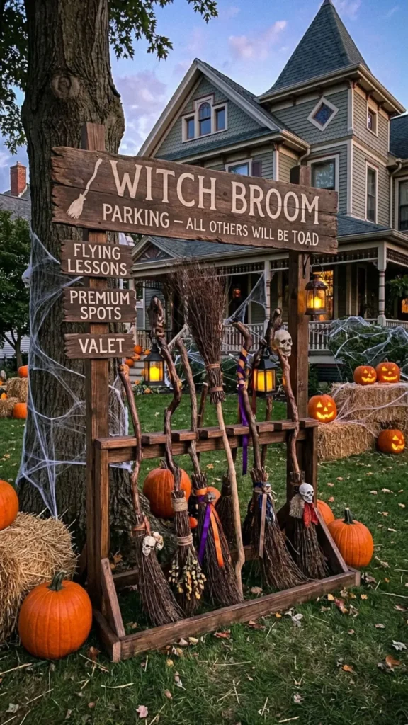 Witch broom parking display arranged creatively in a Halloween yard with spooky outdoor accents